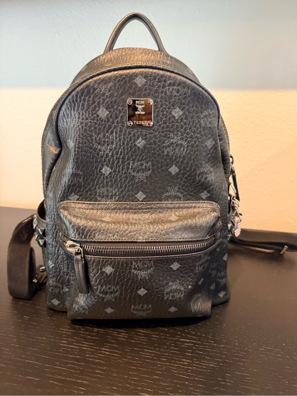 MCM Black Logo Monogram Mini Backpack with Silver Hardware